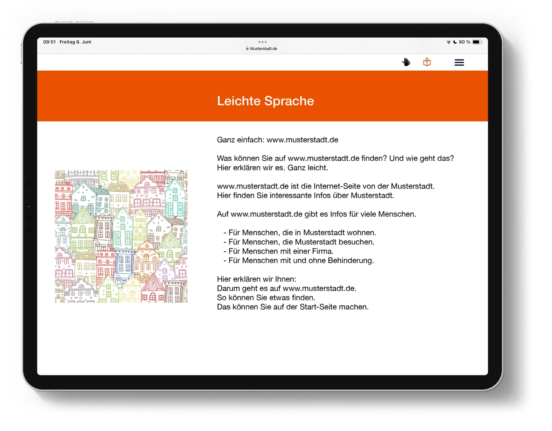 Tablet Computer mit beispielhafter "Leichte Sprache" Seite