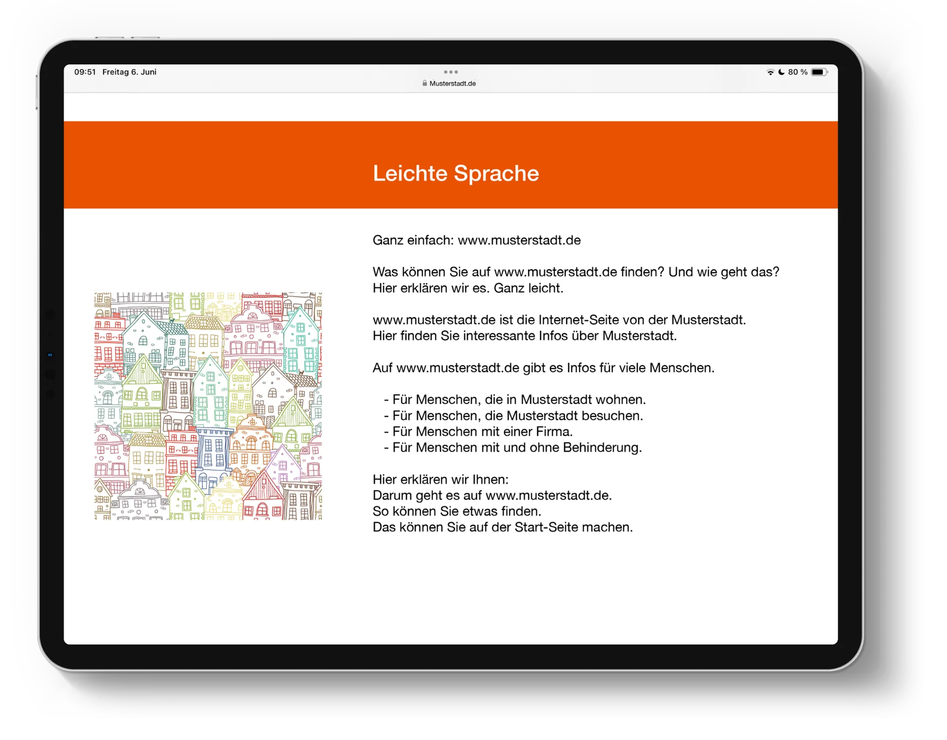 „“ Tablet Computer mit beispielhafter "Leichte Sprache" Seite
