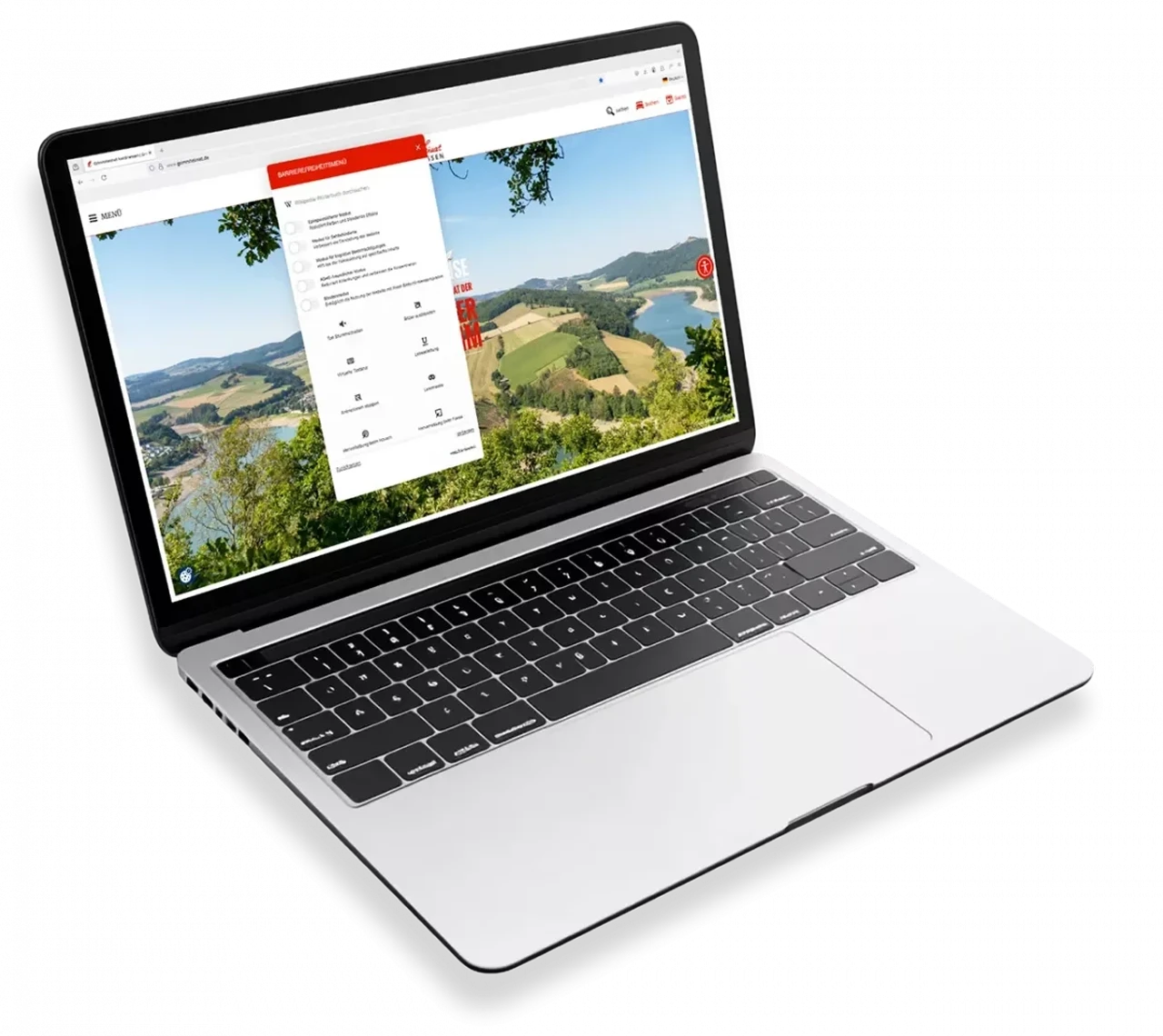 Ein Laptop auf neutralem Hintergrund - im Bildschirm sieht man eine Website mit Barrierefreiheits-Widget