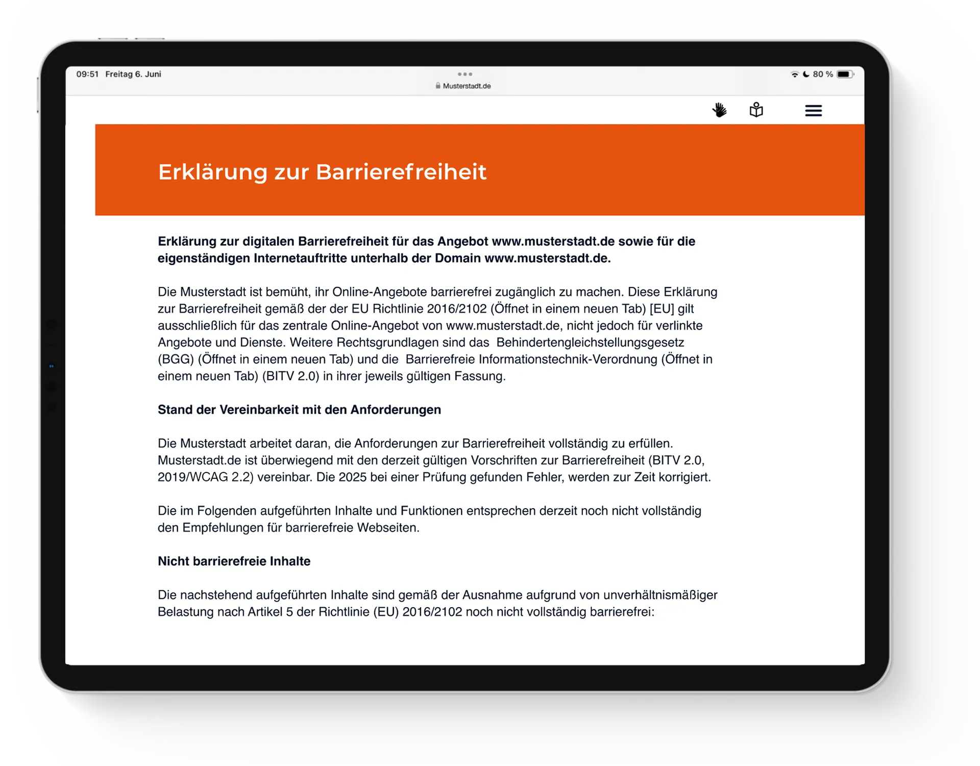Tablet Computer mit beispielhafter "Barrierefreiheitserklärung" Seite
